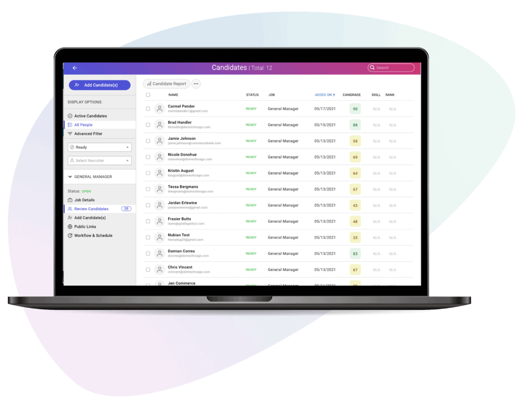 Cangrade's hiring software includes talent assessments with a recruiter dashboard