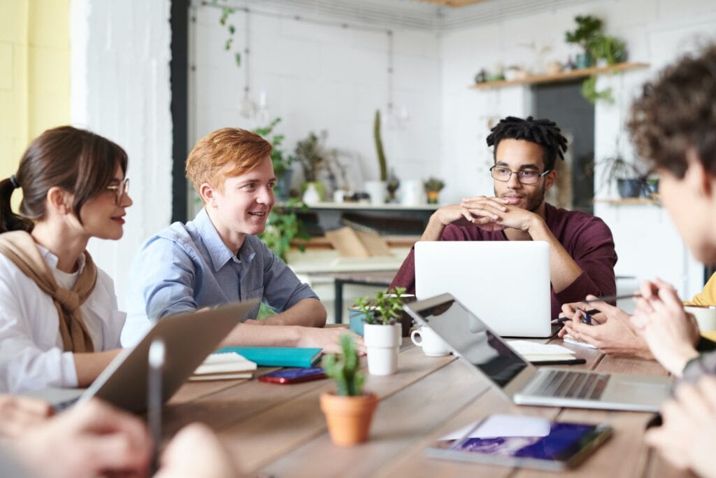 A group of engaged employees working together.