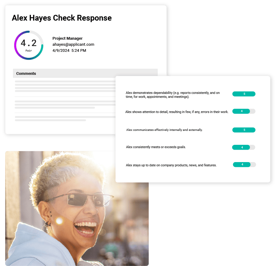 Cangrade's reference check software results showing predictive performance scores and skill ratings