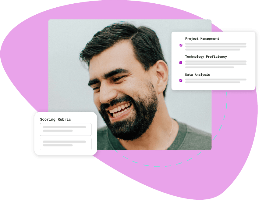 HR professional using Jules AI Copilot automated video interview software with skill identification and rubric scoring elements displayed.