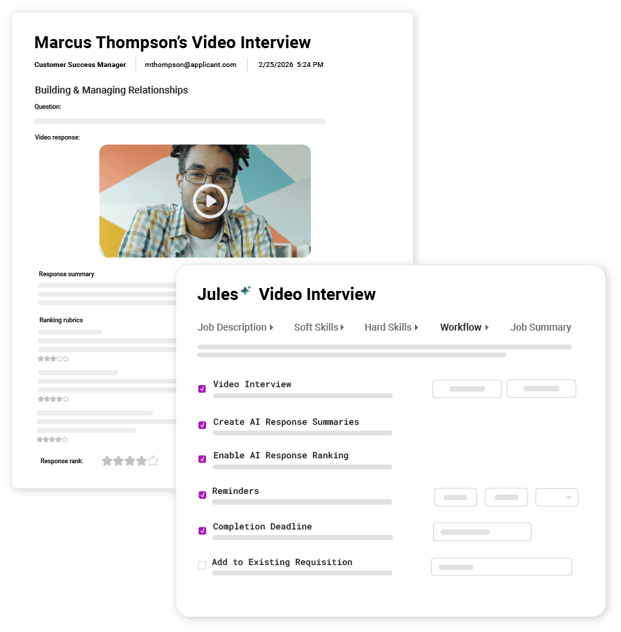 Jules AI Copilot rubric editing interface showing customizable controls and automated scoring for an automated video interview.